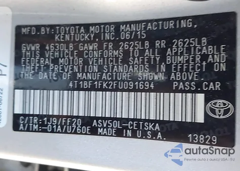 2015 Toyota Camry Se from USA, damaged, VIN 4T1BF1FK2FU091694